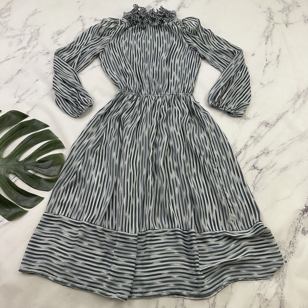 Connections Womens Vintage 80s Blouson Dress Size M Gray Silver Stripe Sheer